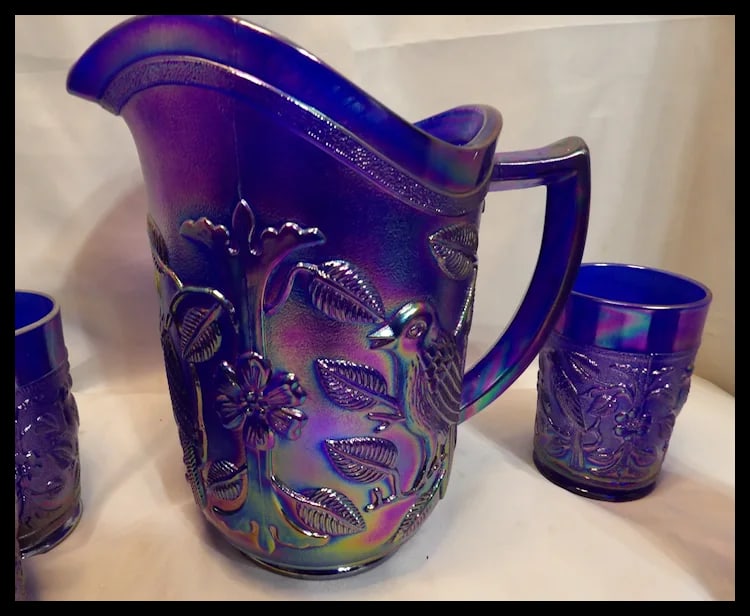 Imperial Glass Aurora Jewels Cobalt Blue Carnival Glass Robin's Water Pitcher and 5 Tumblers - 6
