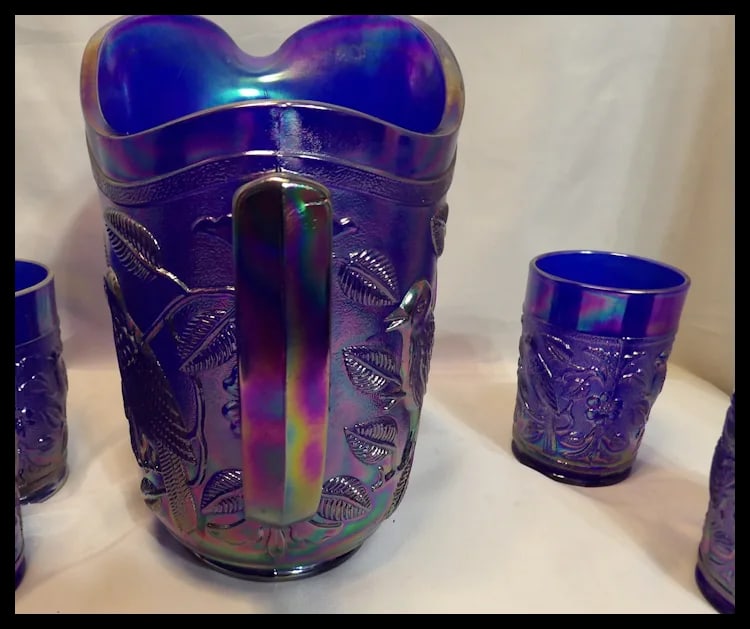 Imperial Glass Aurora Jewels Cobalt Blue Carnival Glass Robin's Water Pitcher and 5 Tumblers - 7