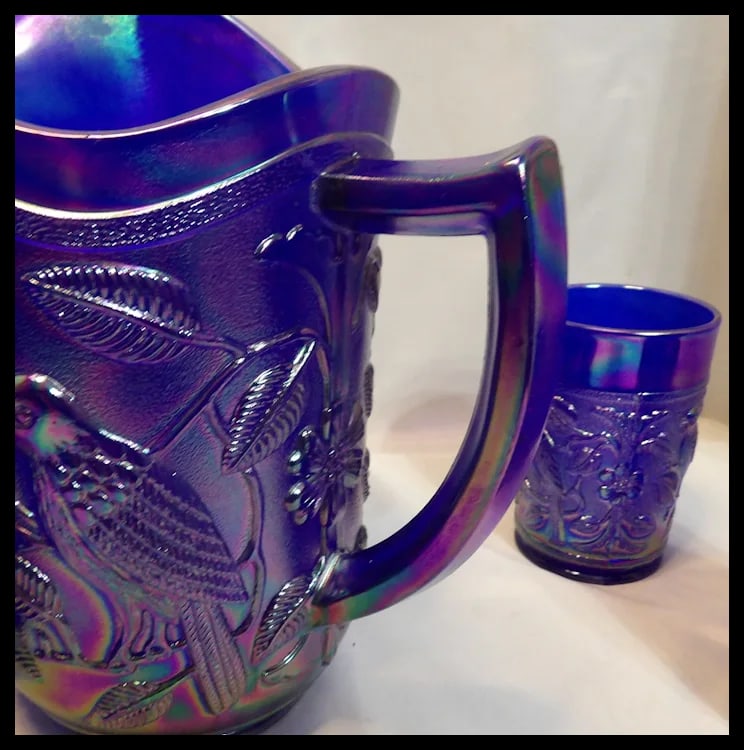 Imperial Glass Aurora Jewels Cobalt Blue Carnival Glass Robin's Water Pitcher and 5 Tumblers - 8