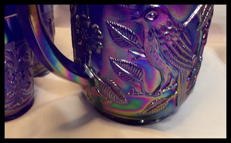 Imperial Glass Aurora Jewels Cobalt Blue Carnival Glass Robin's Water Pitcher and 5 Tumblers - 9