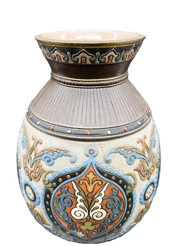 Large Antique METTLACH 1829 Villeroy & Boch Turquoise & Gold ART NOUVEAU Vase 9" - 2