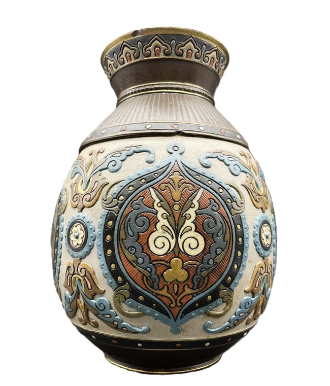 Large Antique METTLACH 1829 Villeroy & Boch Turquoise & Gold ART NOUVEAU Vase 9" - 3