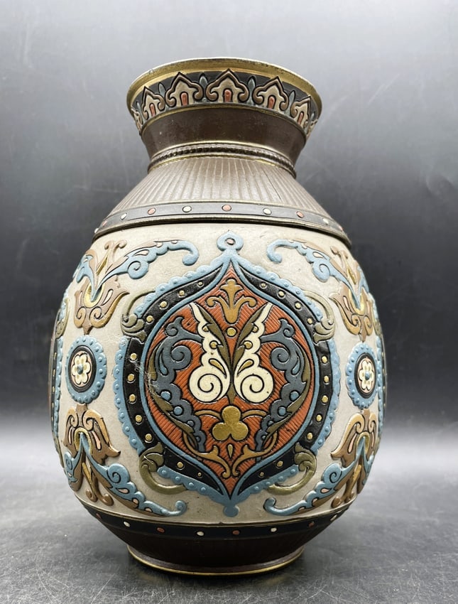 Large Antique METTLACH 1829 Villeroy & Boch Turquoise & Gold ART NOUVEAU Vase 9" - 4