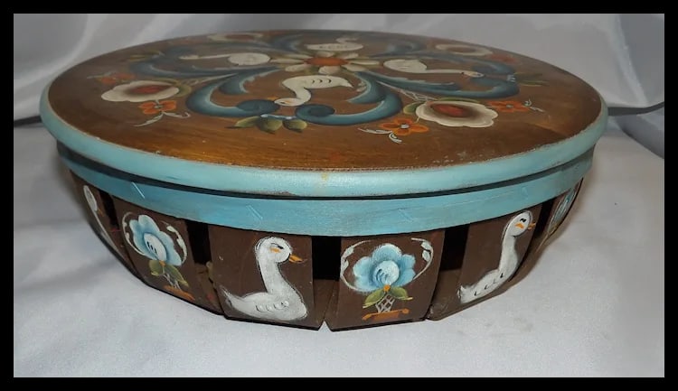 Folk Art Basket with Ducks and Flowers- Solid Wood Lid - 2