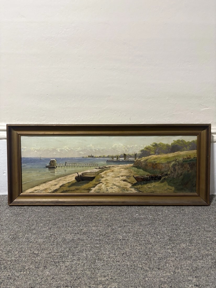 Oil On Canvas Seascape Painting: The frame measures 27" x 11" and the canvas measures 24 1/2" x 8 1/4". I believe it dates around the early 1900's. It is in good condition and is being sold as is Shipping: Domestic: Flat-rate of