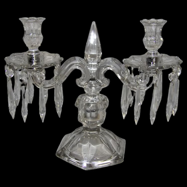 Heisey Old Williamsburg Candelabra #301 Two-Light with Prisms: This Heisey Old Williamsburg Candelabra #301 Two-Light with Prisms is in excellent condition. NO chips, etc. It is the Short Base 2 light candelabra. It measures 11" x 13" x 6" base. This is the most