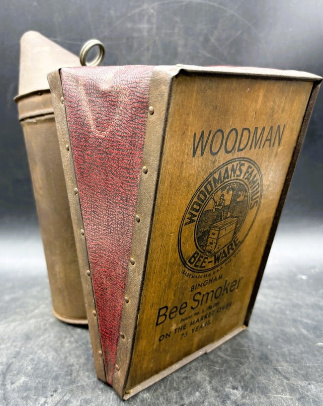 Vintage Woodman's Famous Bingham Bee Smoker - Early 1900s: Date/Period: unknown Dimension: 9" x 10" x 5" Material: mixed materials Additional Information: This is a genuine antique bee smoker from the early 20th century, made by Woodman's Famous Bee-Ware