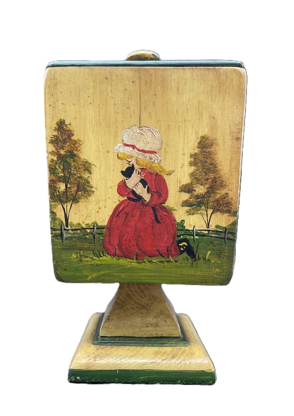 Primitive Folk Art Tole Painted Wood Pedestal Box W/ Lid Artist Sign - 3