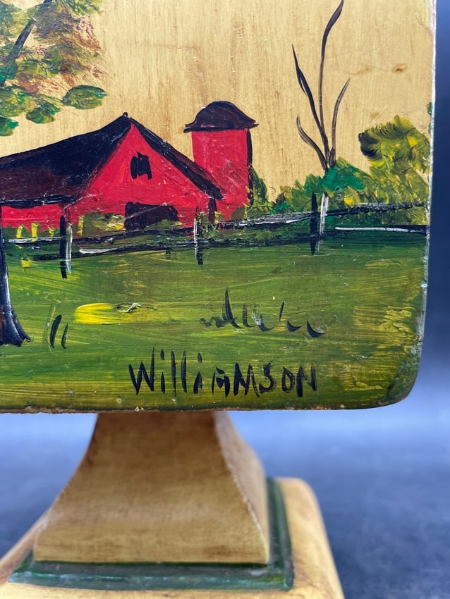 Primitive Folk Art Tole Painted Wood Pedestal Box W/ Lid Artist Sign - 4