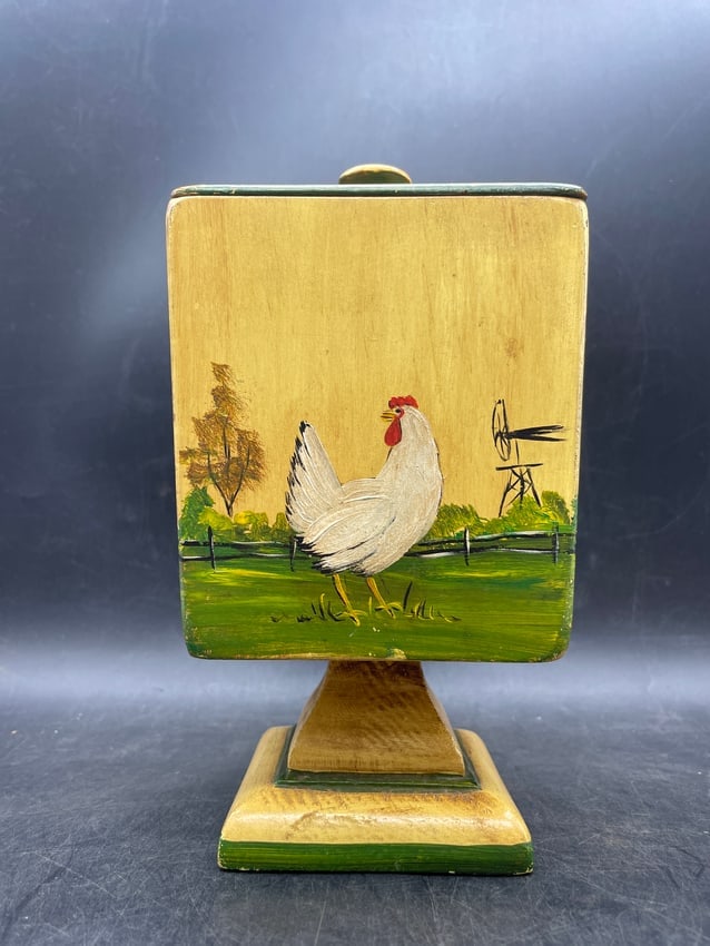 Primitive Folk Art Tole Painted Wood Pedestal Box W/ Lid Artist Sign - 5