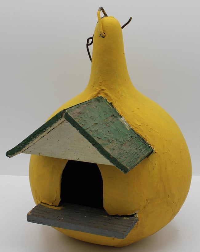 Unusual painted birdhouse built of wood set into a gourd. - 3