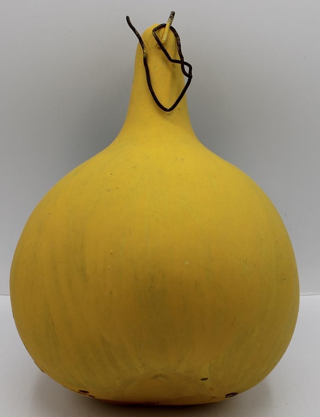 Unusual painted birdhouse built of wood set into a gourd. - 4