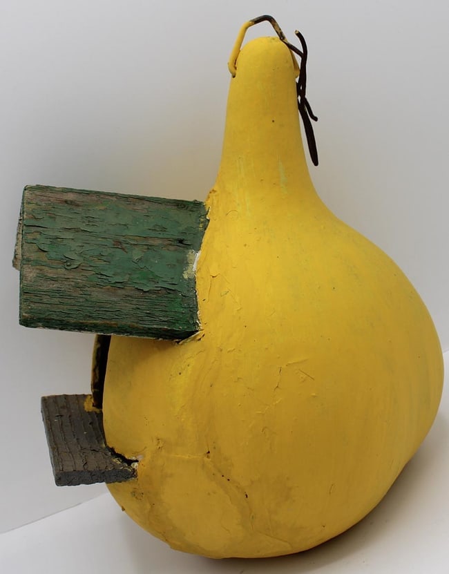 Unusual painted birdhouse built of wood set into a gourd. - 5