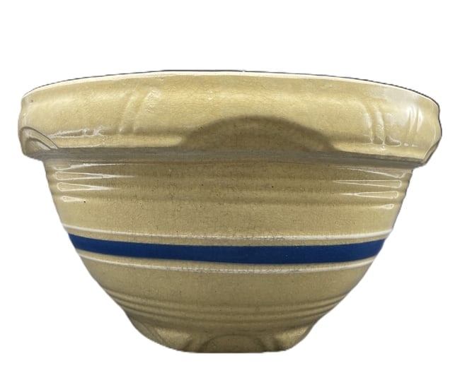 Antique Stoneware Yellowware Blue & White Bands Mixing Bowl Banded Yellow Ware - 2