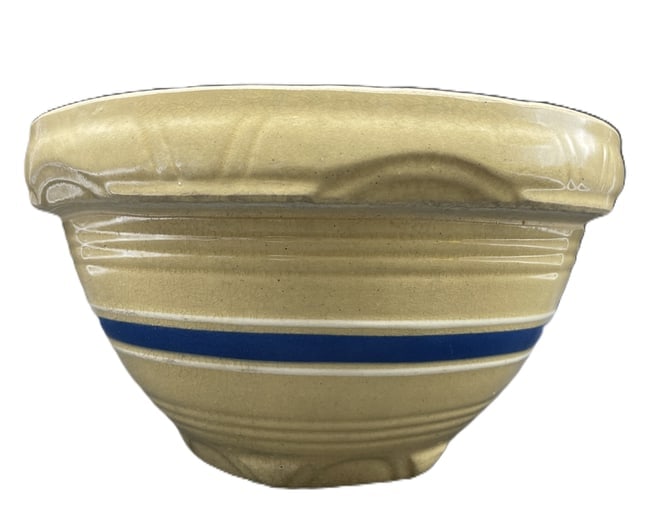 Antique Stoneware Yellowware Blue & White Bands Mixing Bowl Banded Yellow Ware - 3