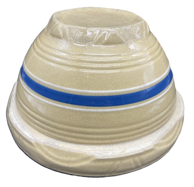 Antique Stoneware Yellowware Blue & White Bands Mixing Bowl Banded Yellow Ware - 5