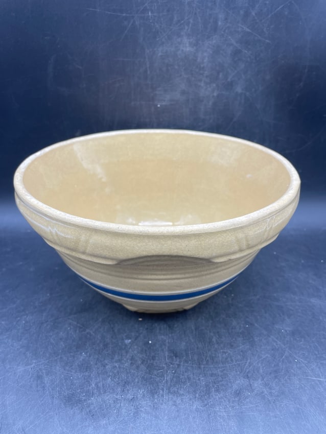 Antique Stoneware Yellowware Blue & White Bands Mixing Bowl Banded Yellow Ware - 8