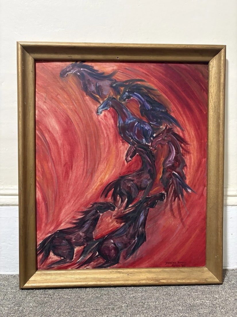 Yenyse Duval 1948 Oil On Board Horses Painting: The frame measures 26 3/4" x 22 3/4" and the board measures 24" x 20". It is artist signed and dated 1948 in the lower right hand corner. It is in good condition and is being sold as is Shipping: