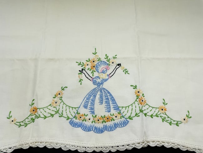 Vintage Pillowcases Handmade Embroidered GIRL Flowers - 2