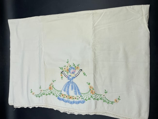 Vintage Pillowcases Handmade Embroidered GIRL Flowers - 5