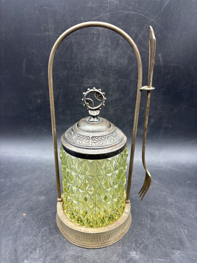 Victorian Uranium Glass Pickle Castor - Silver Soldered Frame w/ Tongs - Uranium Glow Under UV - 2