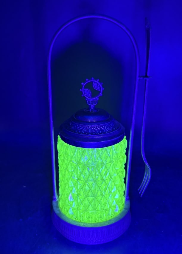 Victorian Uranium Glass Pickle Castor - Silver Soldered Frame w/ Tongs - Uranium Glow Under UV - 3