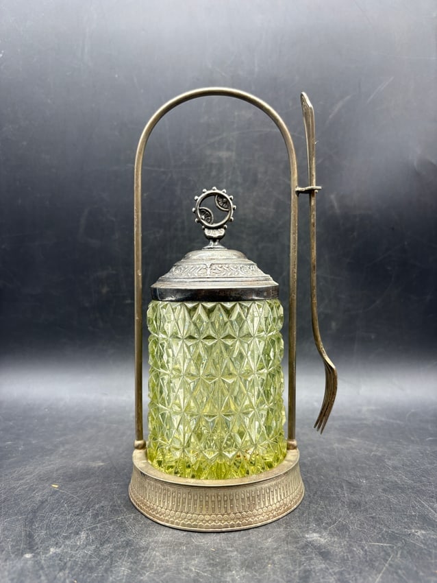 Victorian Uranium Glass Pickle Castor - Silver Soldered Frame w/ Tongs - Uranium Glow Under UV - 4