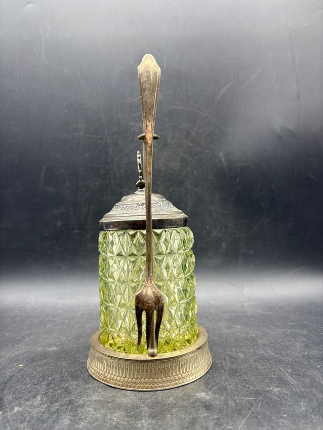 Victorian Uranium Glass Pickle Castor - Silver Soldered Frame w/ Tongs - Uranium Glow Under UV - 5