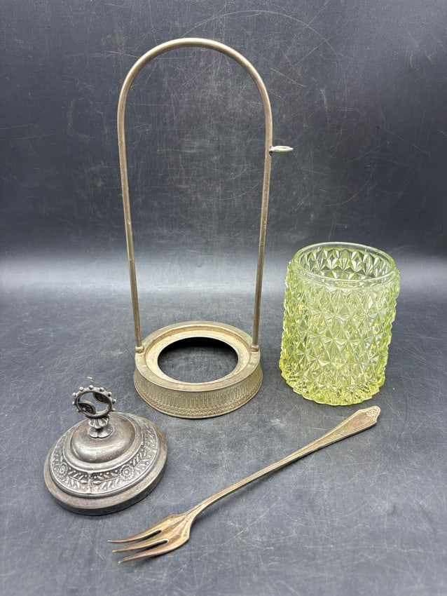 Victorian Uranium Glass Pickle Castor - Silver Soldered Frame w/ Tongs - Uranium Glow Under UV - 6