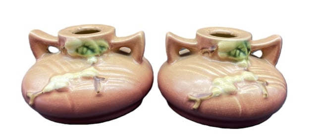 Roseville Vintage Art Pottery Snowberry Ceramic Candle Holders 1947 1CS1: Date/Period: 1947 Dimension: Approx. 3.75" x 2 each Material: pottery Additional Information: Roseville Vintage Art Pottery Snowberry Ceramic Candle Holders Green 1947 1CS1 Shipping: Domestic: