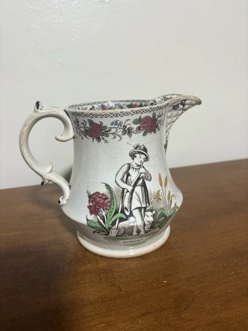 Rare Staffordshire February/august Pitcher: It is 5 5/8" high and dates around the 1830's. It has some wear on the spout. Otherwise it has no other issues. Month pitchers in early Staffordshire are rare Shipping: Domestic: Flat-rate of $15.00