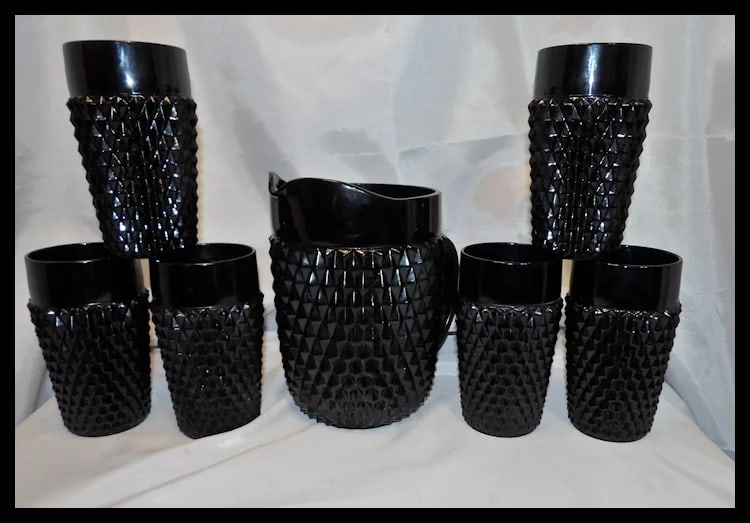 Indiana Glass Tiara Black Diamond Point Tumblers and Cameo Pitcher - 2