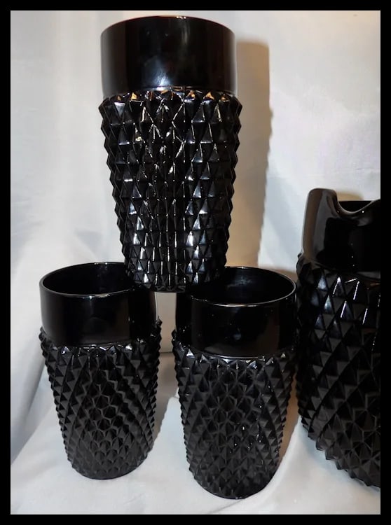 Indiana Glass Tiara Black Diamond Point Tumblers and Cameo Pitcher - 4