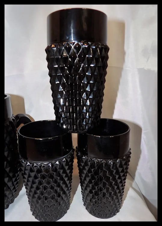 Indiana Glass Tiara Black Diamond Point Tumblers and Cameo Pitcher - 5