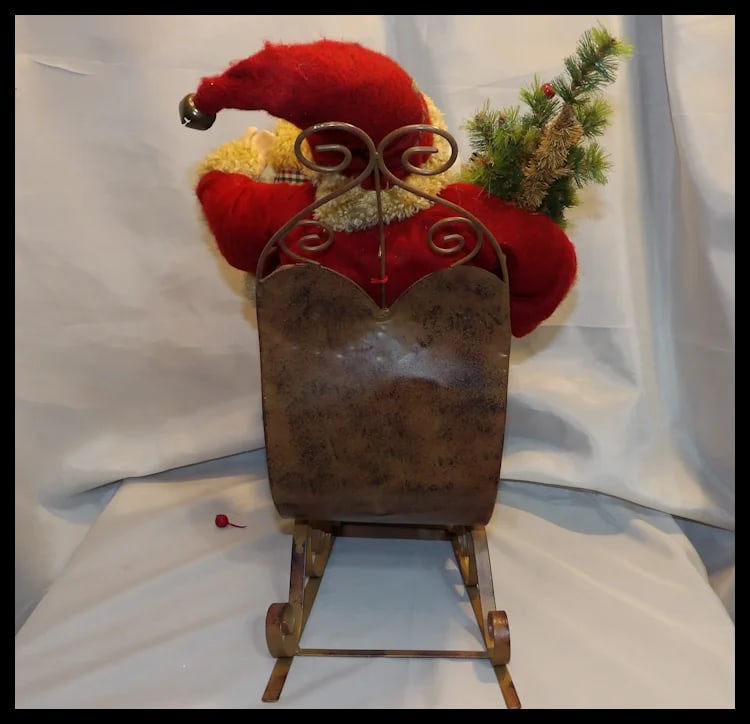 Vintage Santa with Bears, Tree,& Bow with Decoration on Front in Metal Sleigh Center Piece - 2