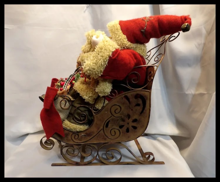 Vintage Santa with Bears, Tree,& Bow with Decoration on Front in Metal Sleigh Center Piece - 3