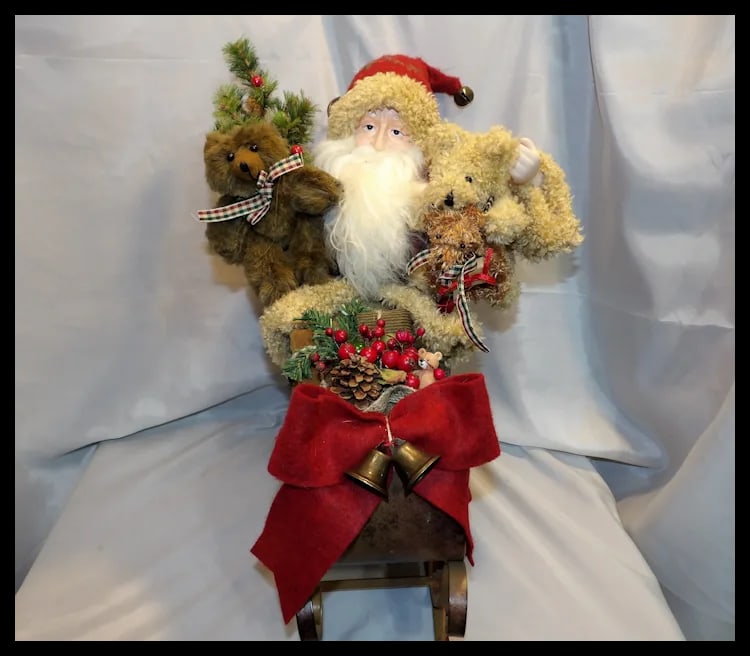 Vintage Santa with Bears, Tree,& Bow with Decoration on Front in Metal Sleigh Center Piece - 4