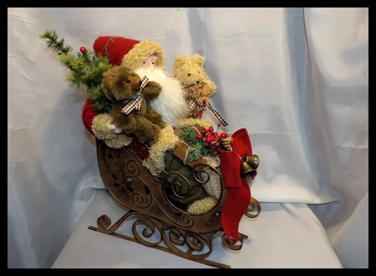 Vintage Santa with Bears, Tree,& Bow with Decoration on Front in Metal Sleigh Center Piece - 5