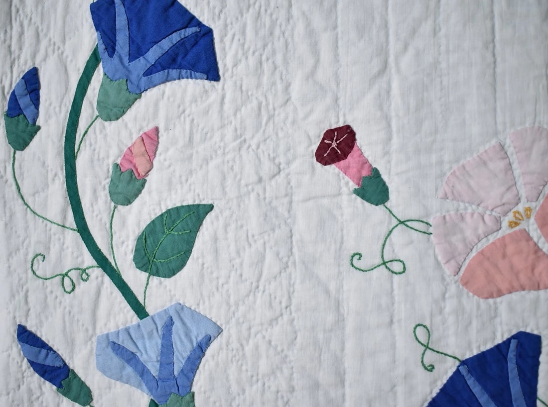 Unusual 1930's Morning Glory Applique Quilt - 10