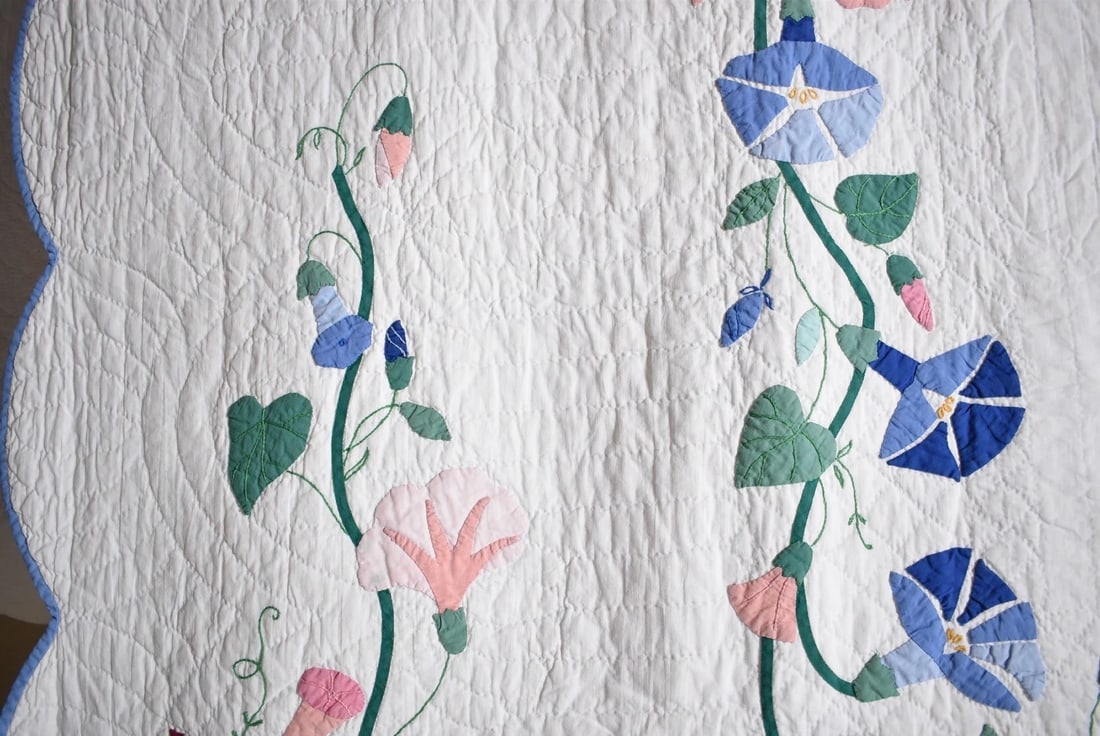 Unusual 1930's Morning Glory Applique Quilt - 14