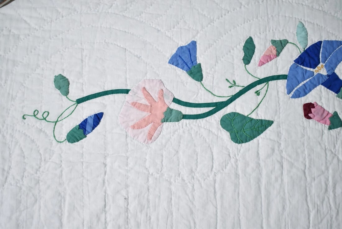 Unusual 1930's Morning Glory Applique Quilt - 16