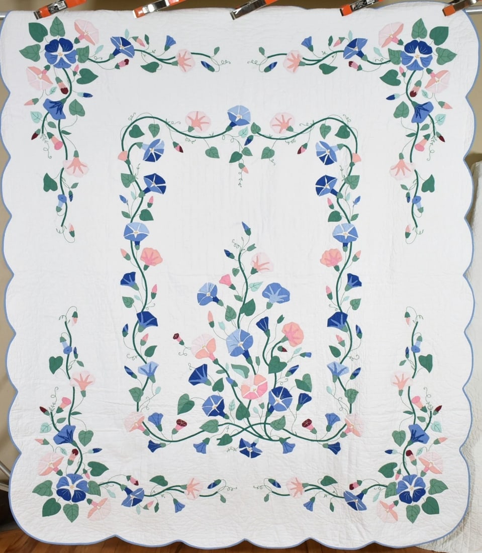 Unusual 1930's Morning Glory Applique Quilt: This BEAUTIFUL cotton 1930's morning glory quilt is all hand appliqued and hand quilted, with hand embroidered accents and a scalloped edge. It measures 76" X 86" and is excellent condition, with a