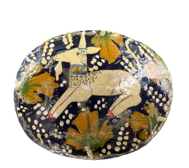 Vintage Kasmir of India Handpainted Paper MacheTrinket Egg Box Unicorn: Date/Period: UNKNOWN Dimension: Approx. 2.25" x 1.25" Material: paper mache Additional Information: Vintage Kasmir of India Handpainted Paper MacheTrinket Egg Box Unicorn Shipping: Domestic: