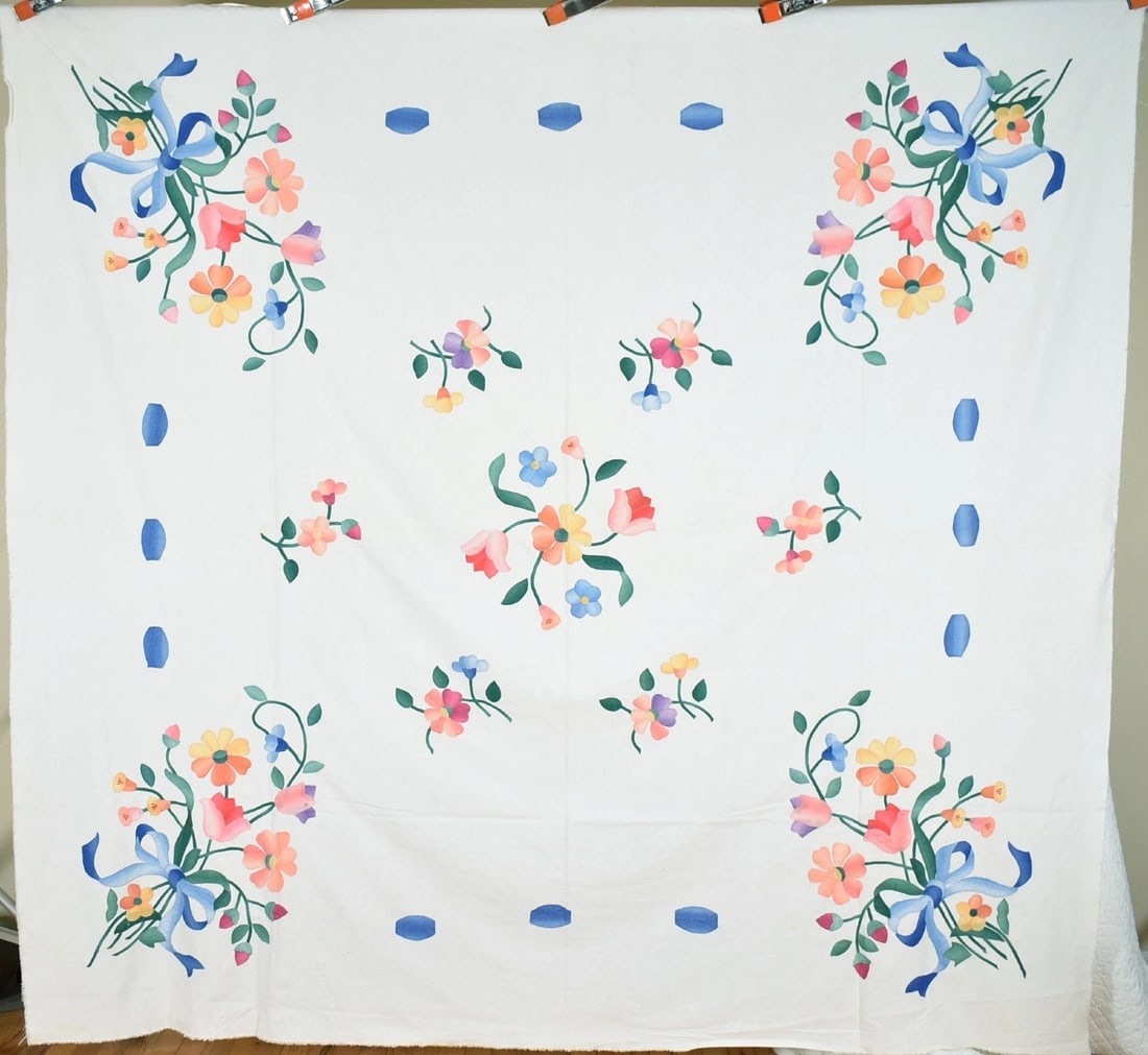 40's Floral Applique Quilt Top: This VIBRANT cotton 40's floral bouquet quilt top is hand appliqued, with wonderful solid blue accents. It measures 90" X 90" and is in excellent, washed condition, with the occasional small spot and
