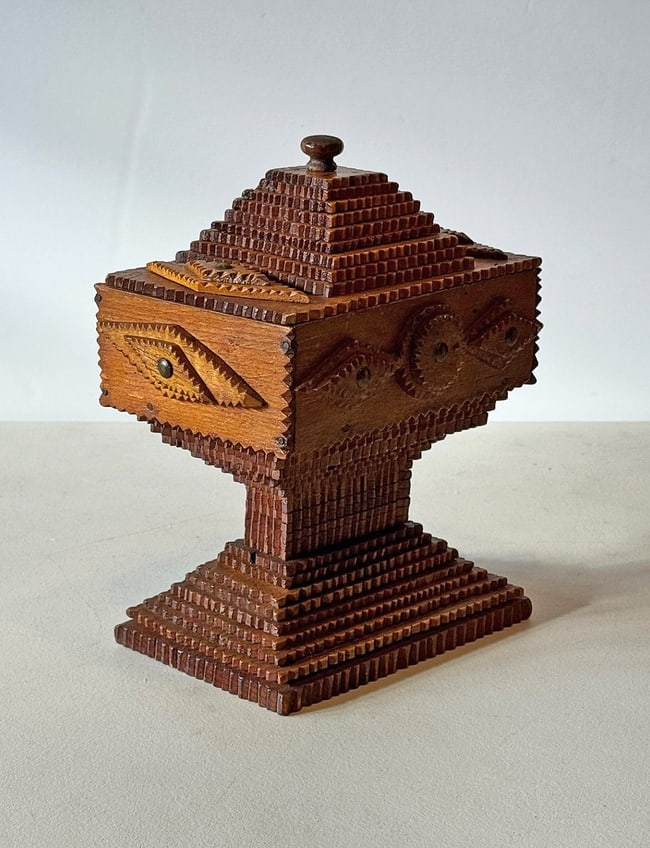 Intricate Deeply Layered Tramp Art Pedestal Box Cigar Box Construction Folk Art - 2 Intricate Deeply - 3