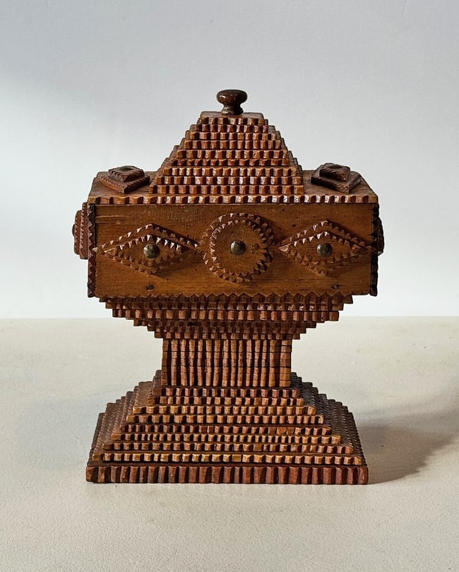 Intricate Deeply Layered Tramp Art Pedestal Box Cigar Box Construction Folk Art - 2 Intricate Deeply - 5
