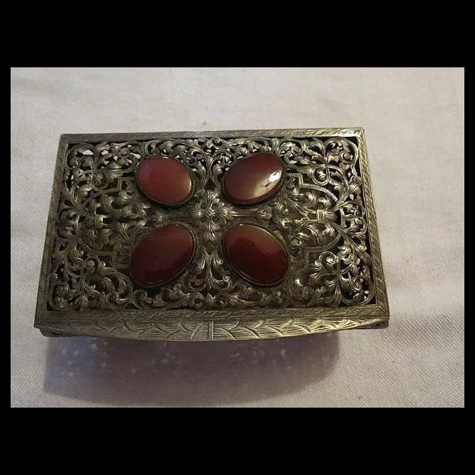 Antique 800 Silver Casket Box w/ Carnelian Gemstones - 2
