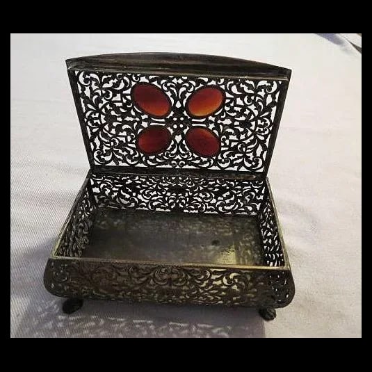 Antique 800 Silver Casket Box w/ Carnelian Gemstones - 5