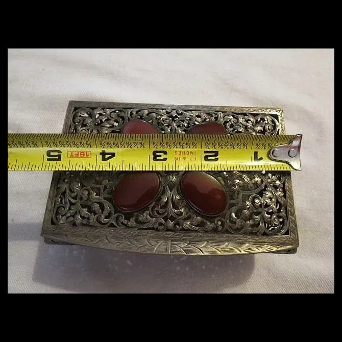 Antique 800 Silver Casket Box w/ Carnelian Gemstones - 7