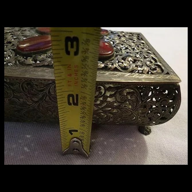 Antique 800 Silver Casket Box w/ Carnelian Gemstones - 8